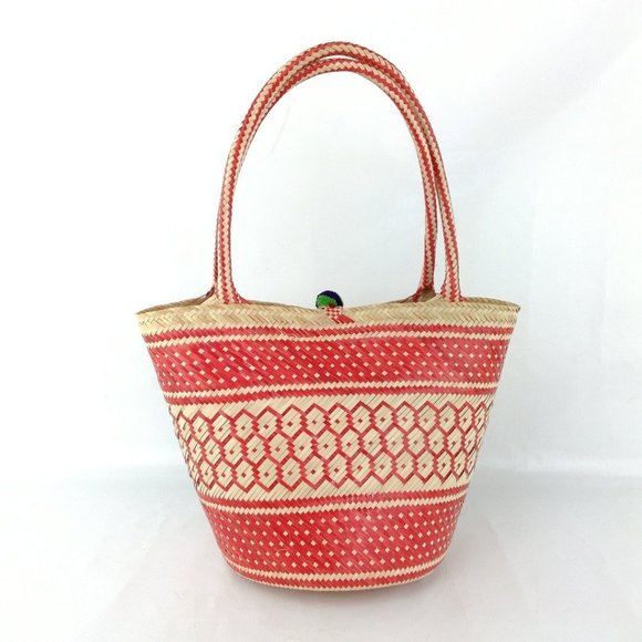 Handwoven Straw Bag with Pom Poms - Picture 2 of 3